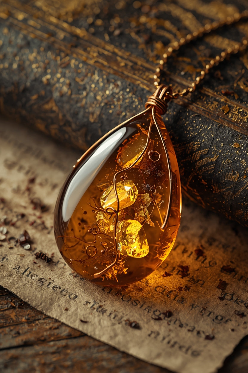 Pendentif Alchimiste – Transformer Souffrance en Force | Plomb Nigredo vers Or | Citrine & Or Feuille